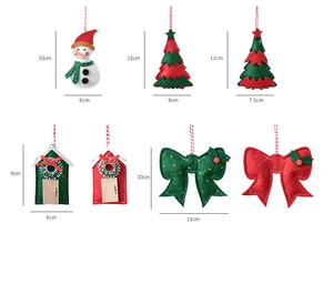 Detailed size chart of handmade felt Christmas ornaments like snowman and tree