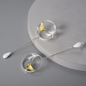 Handmade S925 sterling silver asymmetrical bird and leaf earrings on stone base