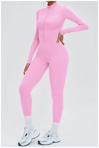 Detail of pink long-sleeve yoga bodysuit with high neck zipper and slim fit texture