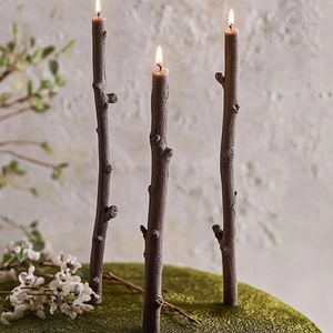 Vue détaillée de bougies en forme de branche avec texture d'écorce sur mousse