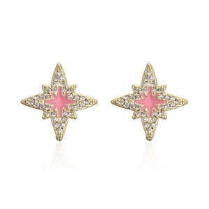 Detail of 18K gold plated star stud earrings with pink enamel and clear cubic zirconia