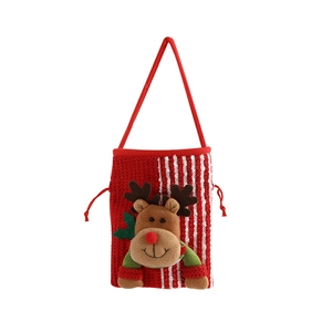 Christmas gift bag with 3D plush reindeer decoration and red white knit stripes