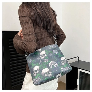 Gothic floral skull jacquard shoulder bag with elegant black canvas strap and floral print