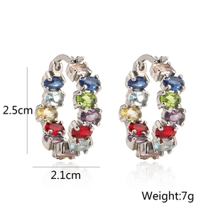 Detailed view of colorful zircon hoop earrings with dimensions 2.5cm by 2.1cm and 7g weight
