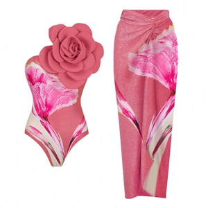 Einteiliger Damen Badeanzug Blumenprint Einzelschulter Dreidimensionales Blumen Dekor Sarong Wickelrock Strandmode