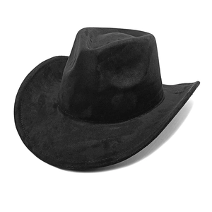Detailed close-up of a black faux suede wide-brim cowboy hat with fine fabric texture