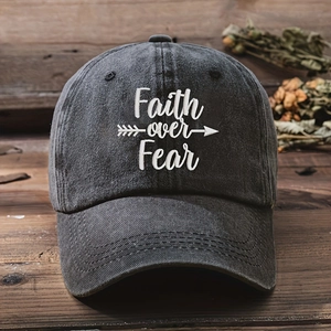 Vintage black washed cotton baseball cap with Faith Over Fear embroidery design