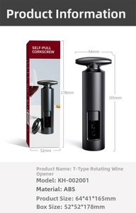 Compact T-shaped manual wine opener in black ABS with retail box and product dimensions
