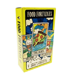 Detailed view of Food Fortunes oracle box featuring colorful tarot style food illustrations