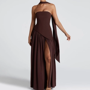 Deep brown strapless maxi dress with high slit and matching neck scarf for formal events