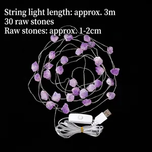 3m LED string lights with 30 natural purple amethyst stones and USB connector