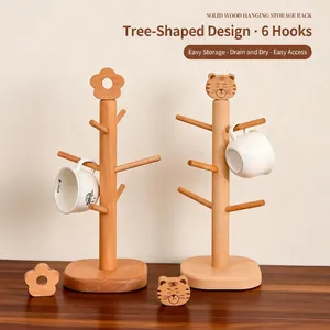 Japanese beech wood mug tree rack with six hooks and creative cartoon animal finials