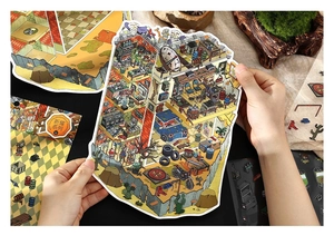 Detail showing isometric 2.5D building stickers with fine life and industrial scenes