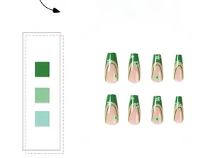 Detail of long coffin press-on nails with green French tips and white daisy floral patterns