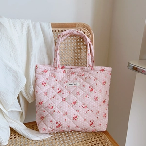 Floral Quilted Handbag Cotton Padded Sweet Pattern Tote Bag For Women Casual Daily Portable Pouch