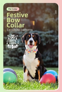 Detail of Easter bow pet collar with colorful egg print on a dog outdoors