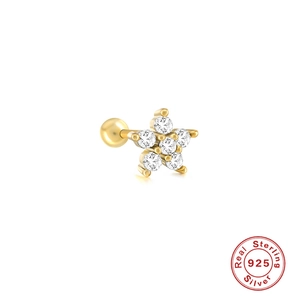 Macro detail of 925 sterling silver flower stud earring with sparkling cubic zirconia