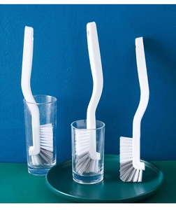 Detailed view of long-handle L-shaped cleaning brushes with dual-color nylon bristles