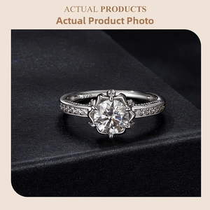 Detail of S925 sterling silver ring with 6-prong moissanite setting and side diamonds
