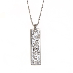 Silver Leo zodiac rectangular pendant necklace in stainless steel with bead chain