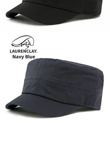Detail of LAURENCLAY navy blue cotton military flat top cap showing stitching and visor