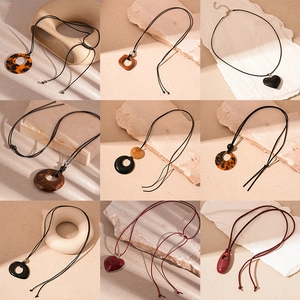 Retro geometric resin heart long necklace collection in multiple autumn colors and shapes
