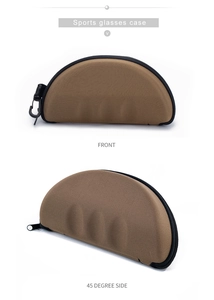 Brown sports glasses case with zipper closure, showing front and 45-degree side views