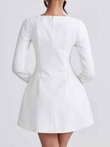 Elegant white long sleeve A-line mini dress with invisible zipper back view