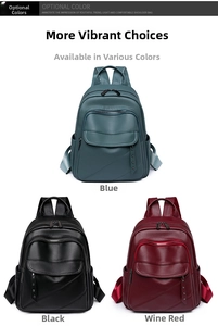 Detailed comparison of studded leather backpacks in blue, black, and wine red colors