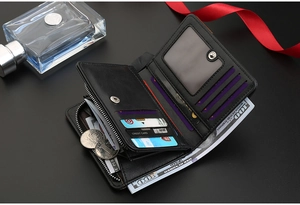 Internal layout of men's leather wallet with card slots, coin pocket, and bill section