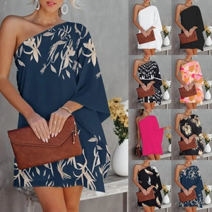 Robe Courte À Une Épaule Manches Longues Asymétrique Imprimée Décontractée Polyester Légère Mode Pour Femme