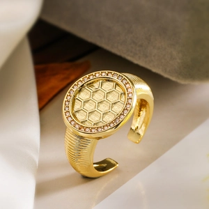 18K gold plated heart geometric open ring with honeycomb texture and white zircon