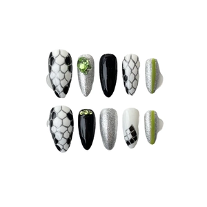 Handmade press-on nails with snake pattern, 3D emerald rhinestones and geometric art