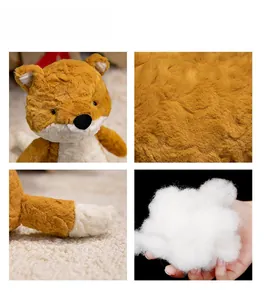 Detailed views of fox plush toy featuring curly faux fur texture and soft cotton filling