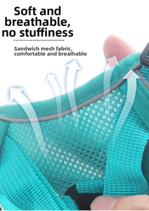 Close-up of breathable large mesh fabric on a lake green cat harness showing texture