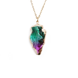 Golden stainless steel chain necklace with triangle purple and green crystal pendant