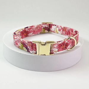 Detailed view of floral pink dog collar with premium gold metal buckle on white pedestal