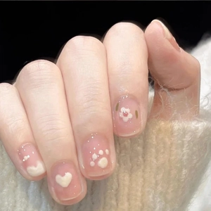 Press On Nails Short Square Round Pink Jelly Cute Flower Heart Pattern Sweet INS Style False Nails For Women