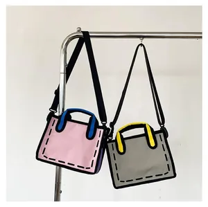 Detailed view of 2D comic style canvas tote bags with high contrast black outlines