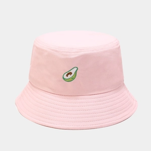 Close-up of cute avocado embroidery on a pink cotton bucket hat with premium stitching