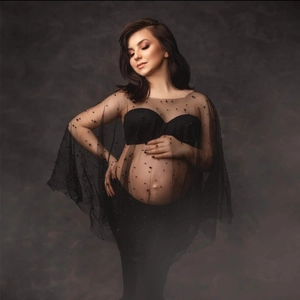 Maternity Photography Dress Mesh Artificial Pearl Beaded Transparent Sexy Tulle Gown For Pregnant Women Photo Shoot