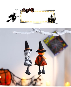 Detailed view of Halloween witch and pumpkin dolls hanging on a white branch decor