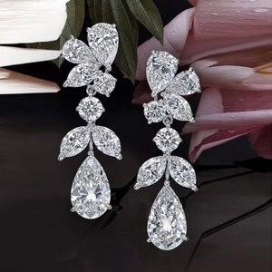 Copper Cubic Zirconia Drop Earrings Pear Shaped Floral Leaf Dangle Luxury Wedding Party Jewelry For Women