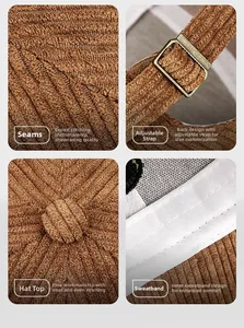 Detailed views of brown corduroy hat stitching, metal buckle, and inner sweatband