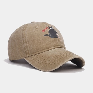 Distressed khaki cotton baseball cap with funny cartoon black cat 'WHAT?' embroidery