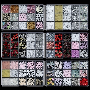 15-grid mixed resin bowknot and ribbon nail art charm sets in plastic organizer boxes