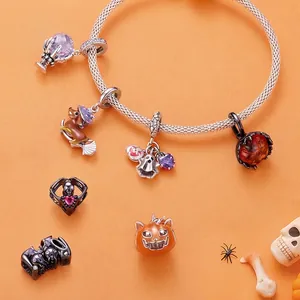 Halloween 925 sterling silver charm bracelet featuring skull, pumpkin and ghost pendants