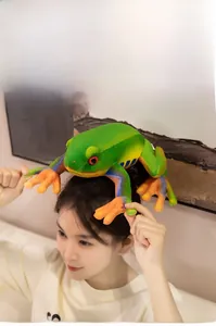 Detailed shot of cute green frog plush toy with soft texture and vibrant red eyes