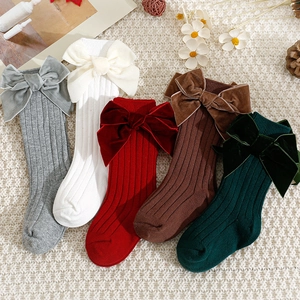 Kids Knee High Socks Combed Cotton Ribbed Knit Large Velvet Bow Spanish Style For Baby Toddler Girls Christmas