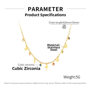 Detailed parameter view of stainless steel butterfly necklace with colorful cubic zirconia